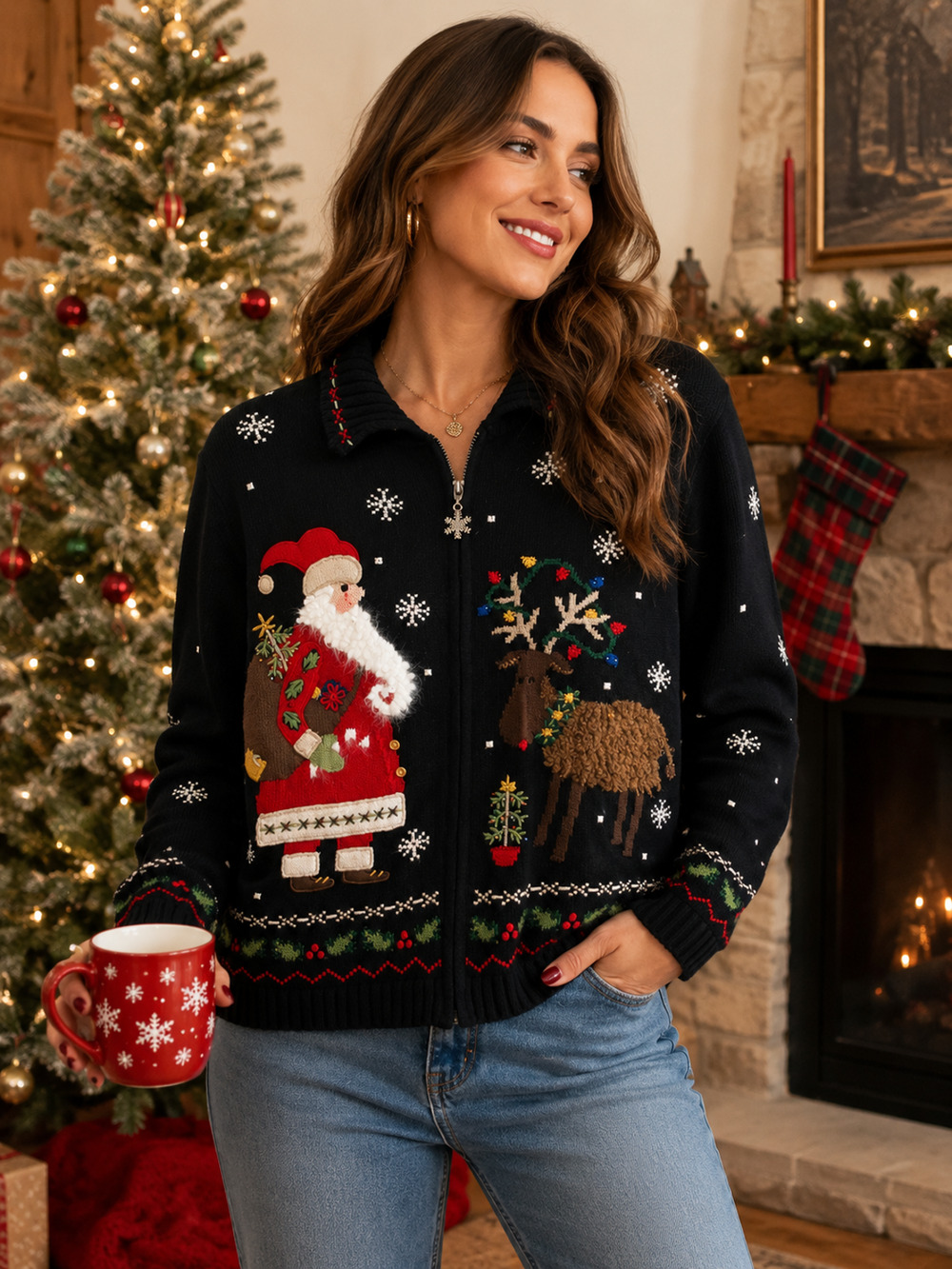 VTG Northern Isles Ugly Christmas Sweater Zip Up Cardigan Black M Santa Reindeer